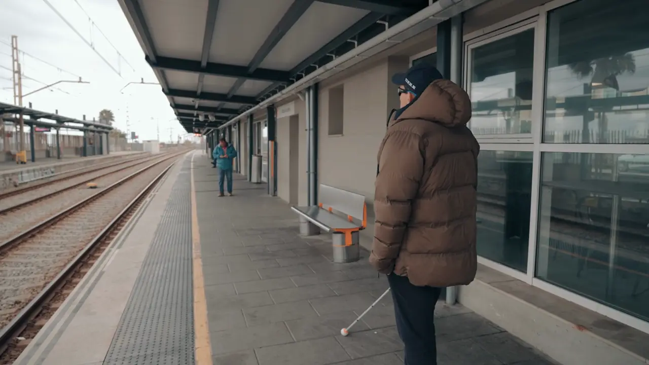 Un hombre ciego con White Jacket y bastón esperando en el andén de una estación