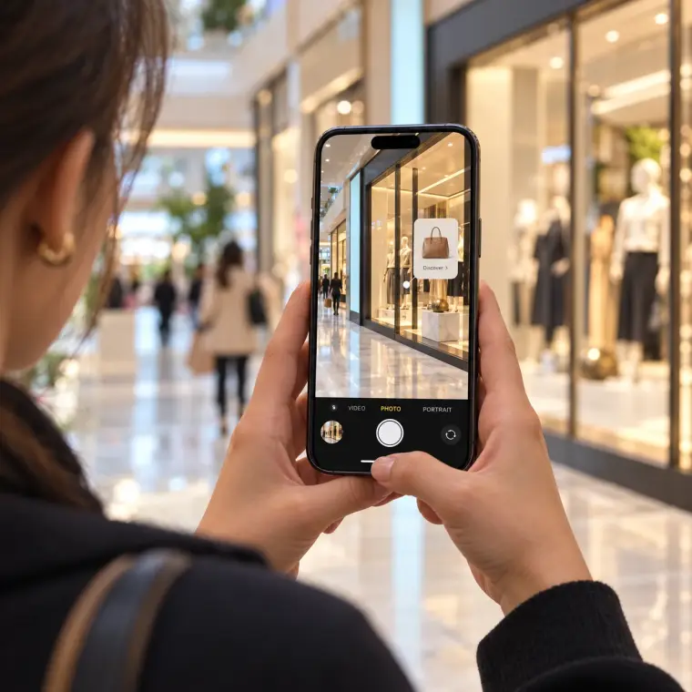 Shopper pointing her phone at a store window where an AR tag reveals a featured bag