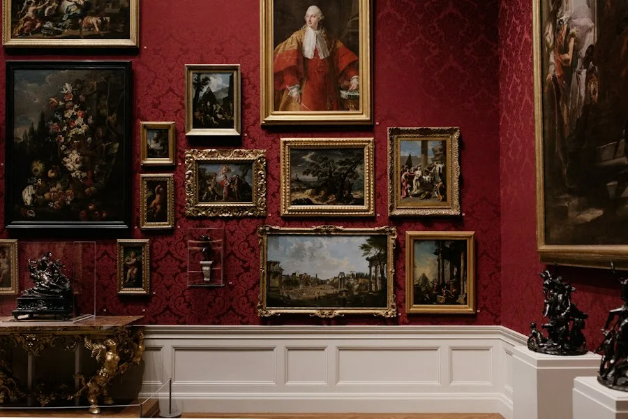 Museum gallery with framed paintings